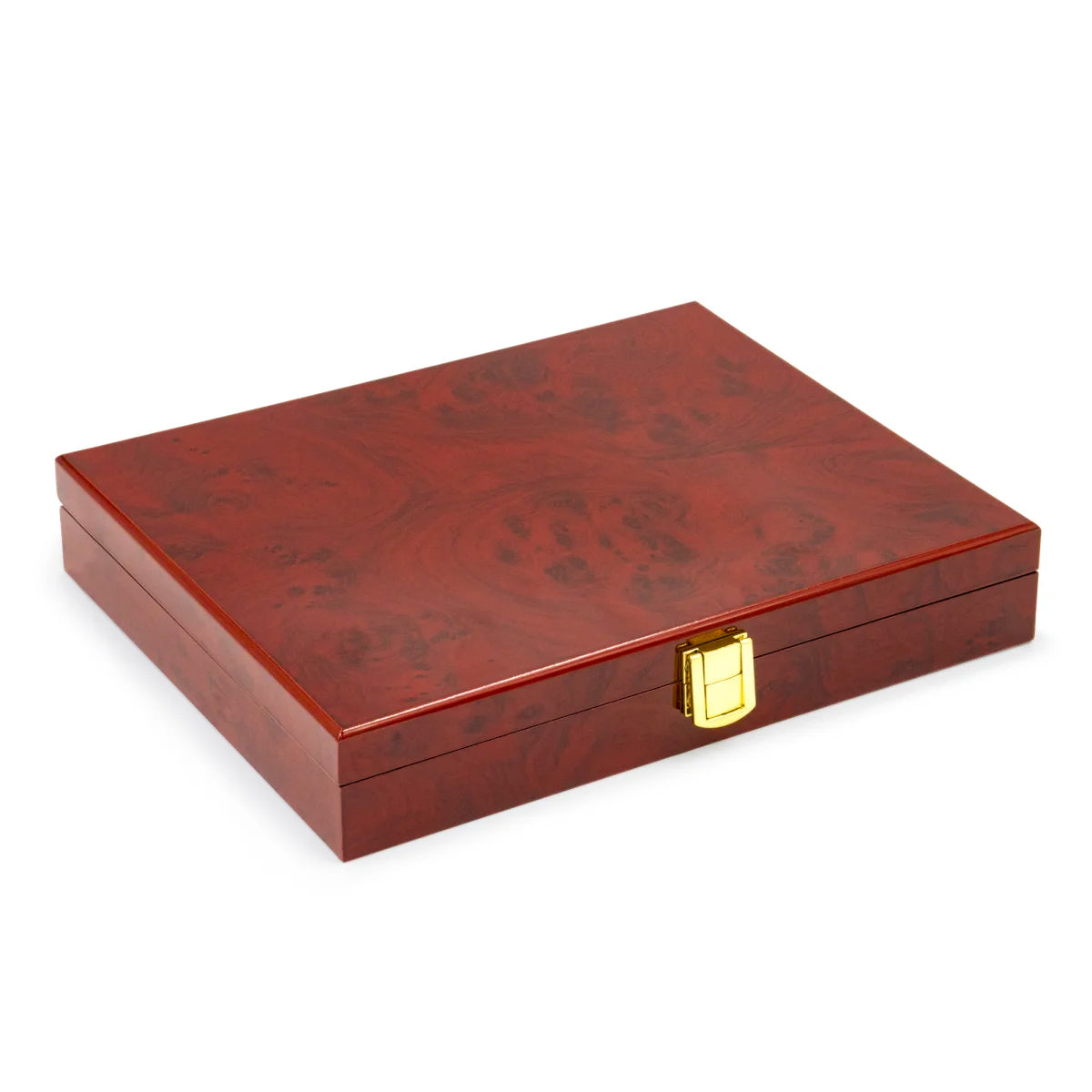 Closed burlwood coin collection box with a gold latch on a white background
