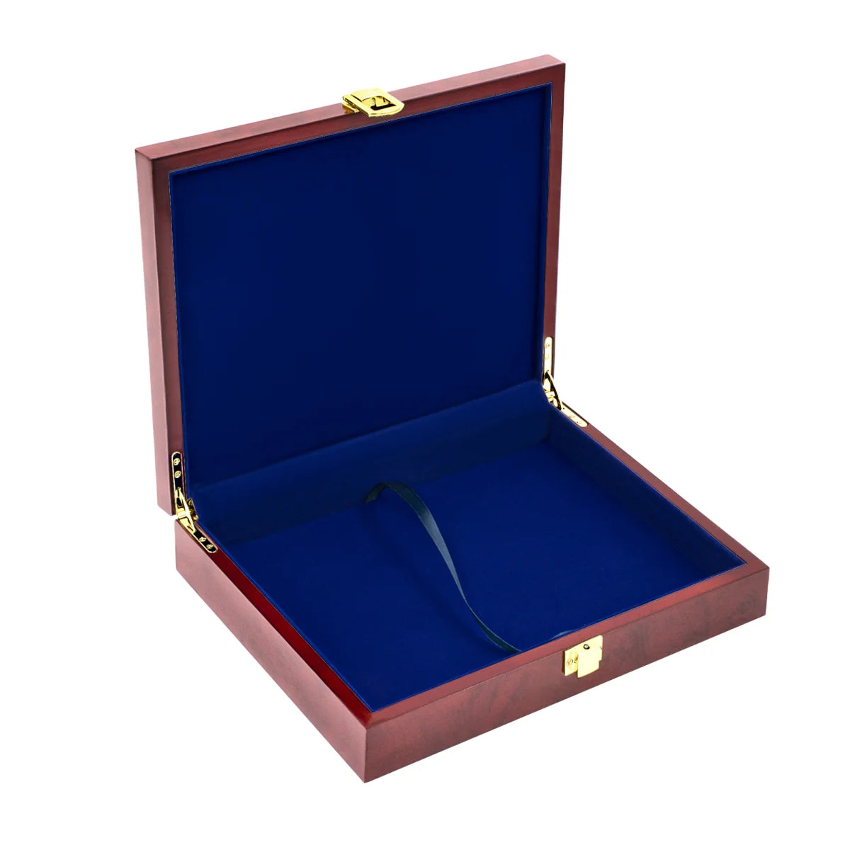 Empty open burlwood coin collection box with a pull string on a white background