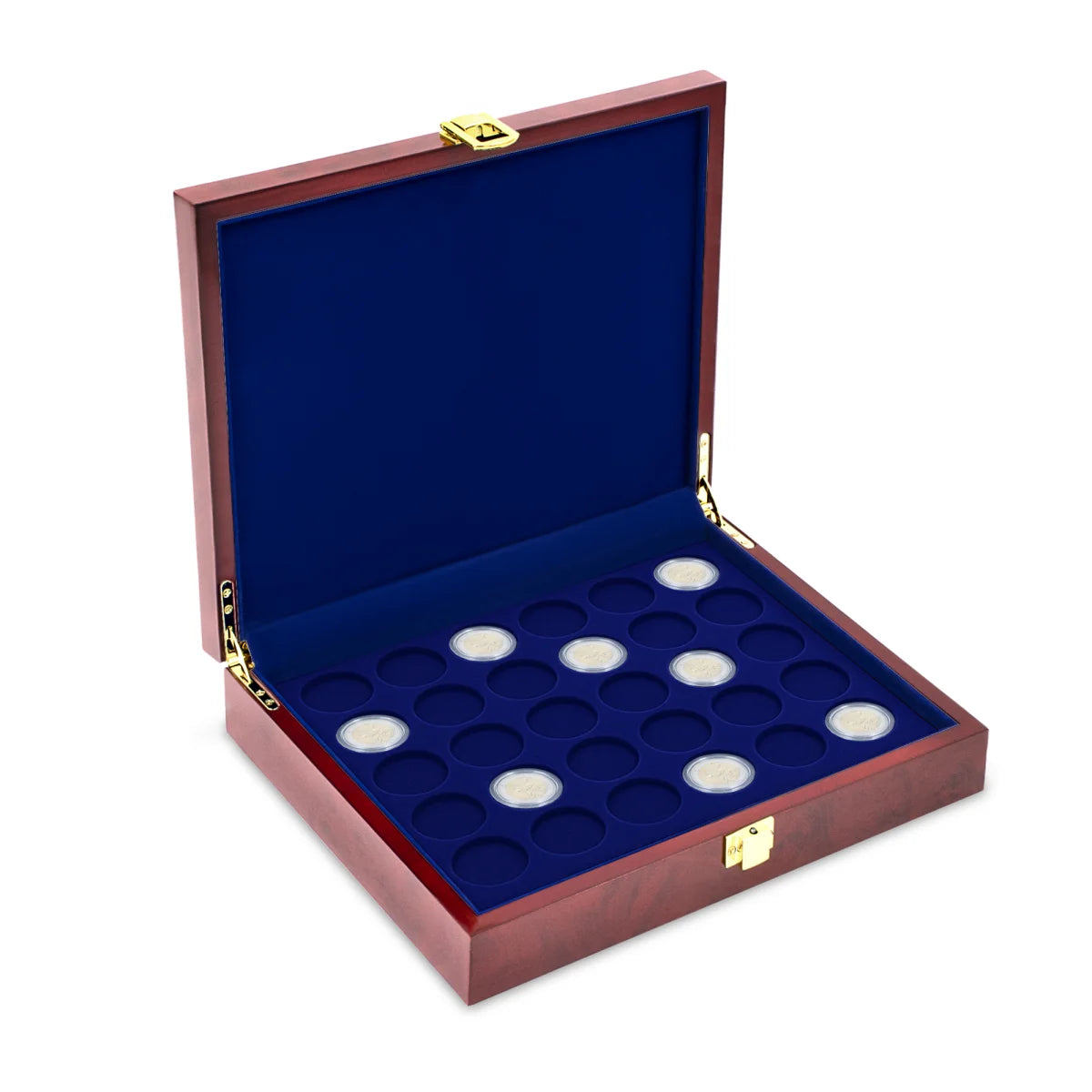 Open burlwood coin collection box with blue velvet trays holding a coin collection on a white background
