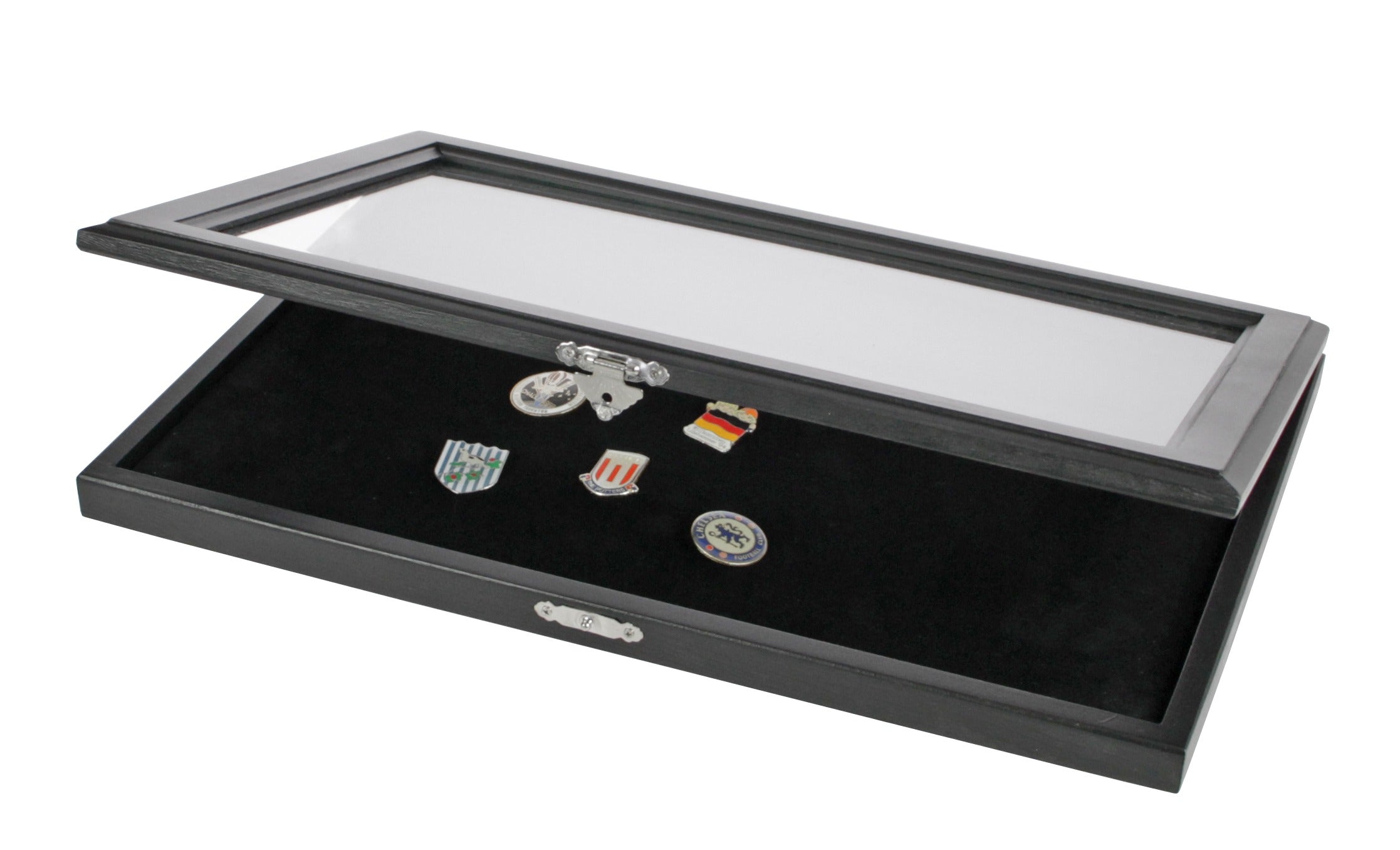 Black wood display case with a glass top open ajar, inside containing various pins and badges on a black velvet insert on a white background.