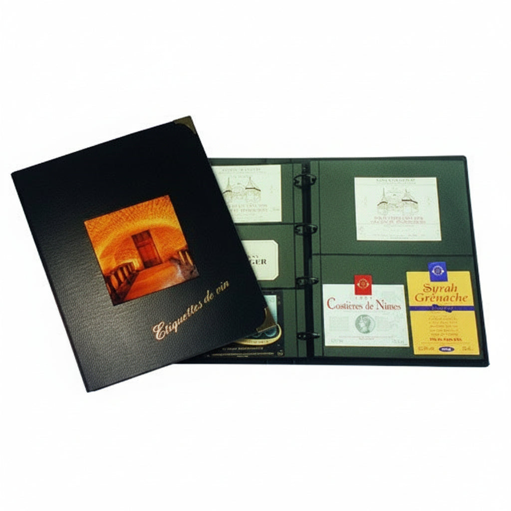 The exclusive black collecto 4-ring album: wine label edition with the foucs on the open binder displaying pages with wine labels on a white background