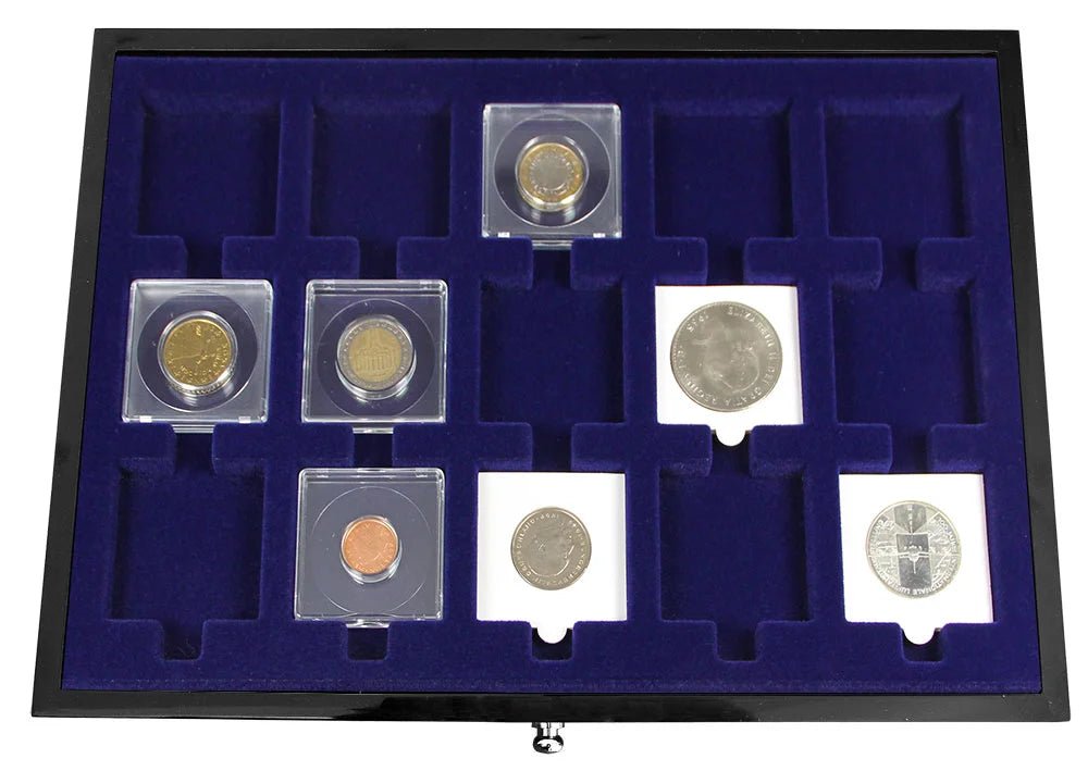 Black coin collection drawer with blue interior tray with square compartments for 2x2 coin flips on a white background