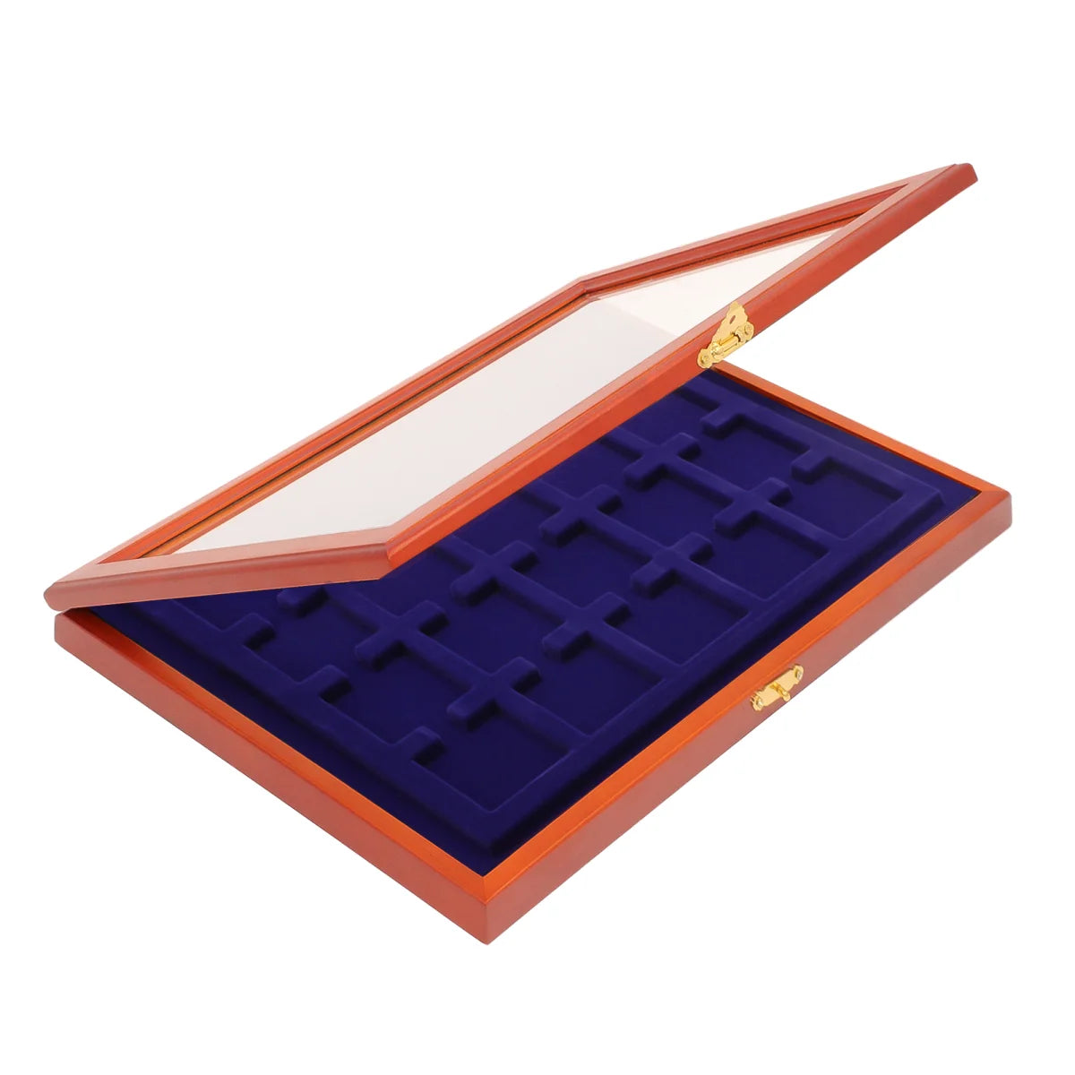 Wooden display case with blue velvet interior with 15 square compartments and glass lid for 2x2 coin flips on a white background