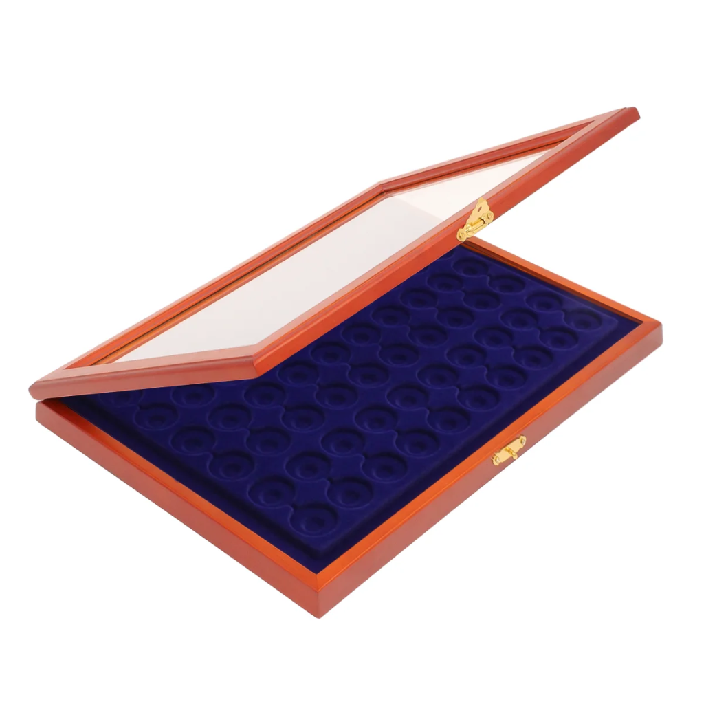 Wooden display case with blue velvet interior with 60 round compartments and glass lid for coins & collectibles on a white background