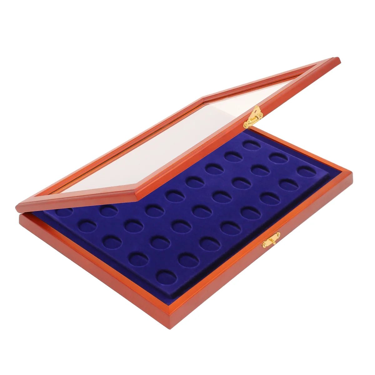 Wooden display case with blue velvet interior and glass lid for coins or collectibles on a white background