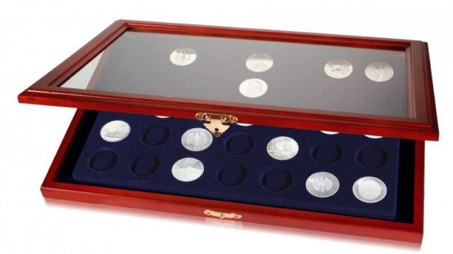 Wooden display case with blue velvet interior with 35 round compartments and glass lid for coins & collectibles on a white background