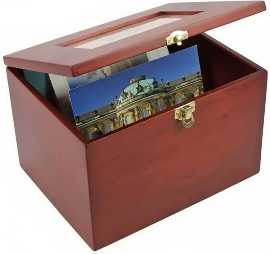 Wooden storage box for postcards and photos with a customizable lid displaying a scenic photograph/postcard inside.