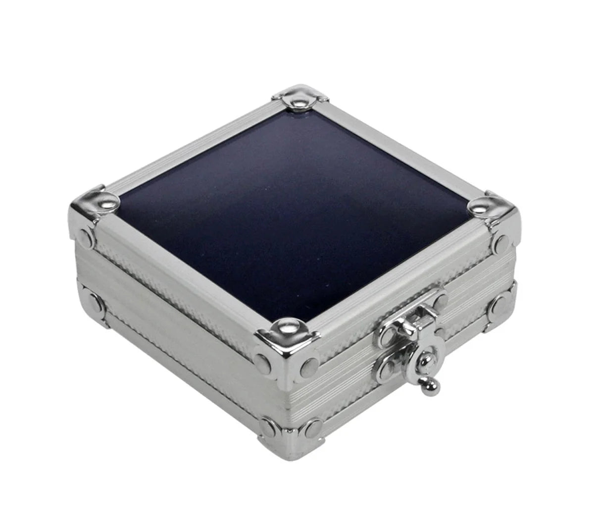 Aluminum square display case with a closed acrylic lid and snaplock on a white background