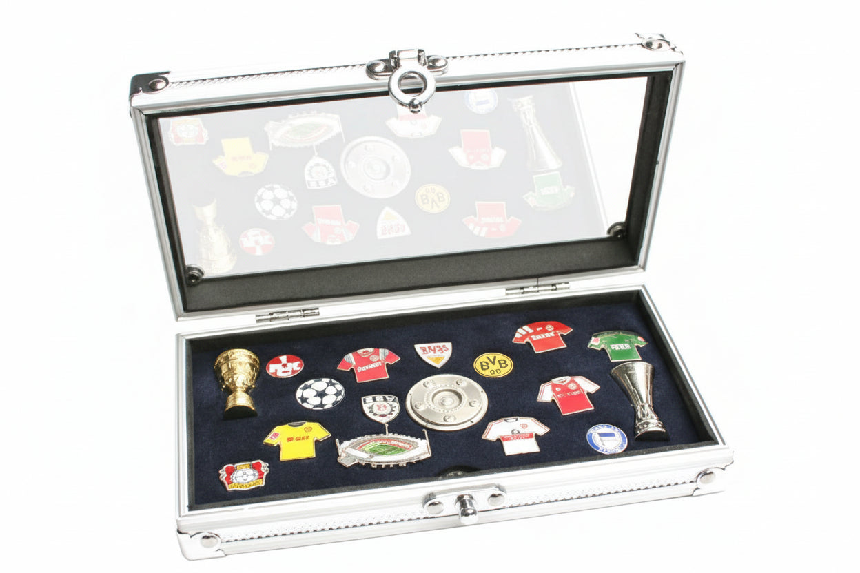 Collection of sports-themed pins on a velvet insert in an open aluminum display case with a transparent lid on a white background