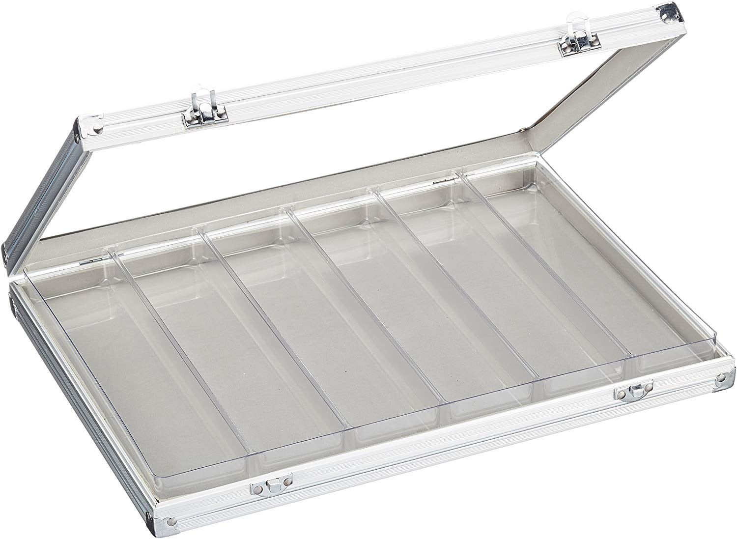 Aluminum display case with 6 compartments for collectibles, open ajar with an acrylic lid on a white background