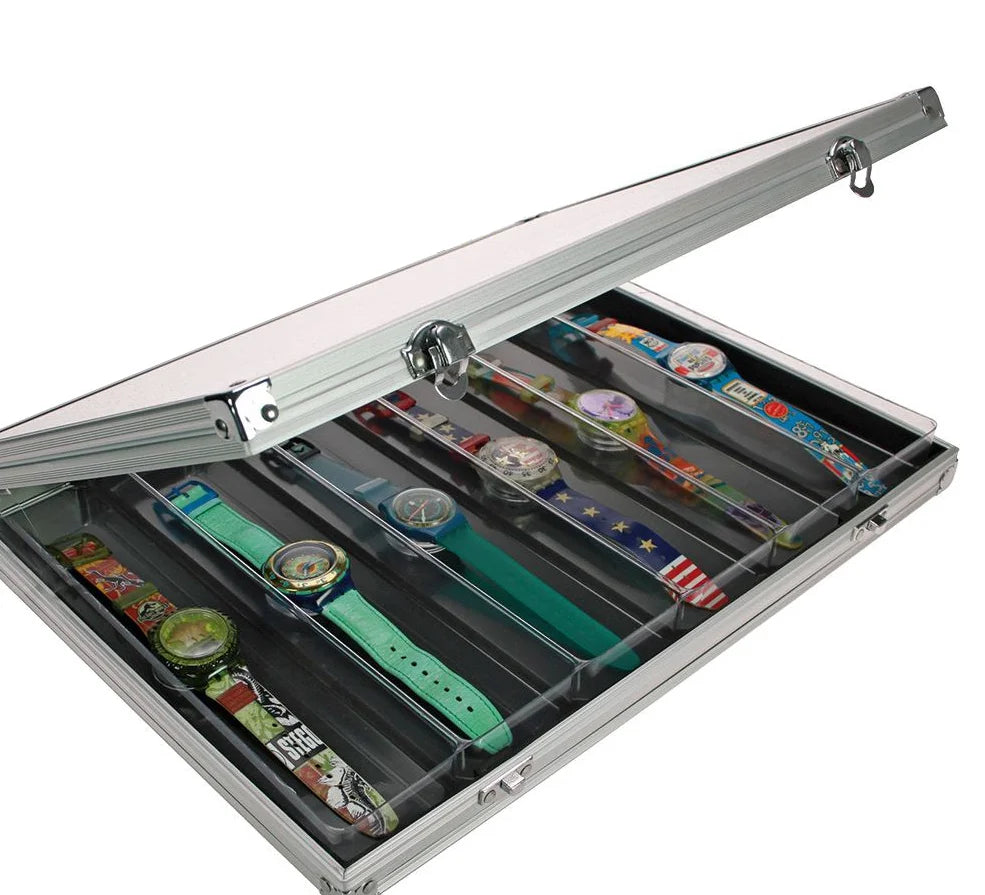 Aluminum display case with 6 compartments filled with collectible wrist watches, open ajar with an acrylic lid on a white background