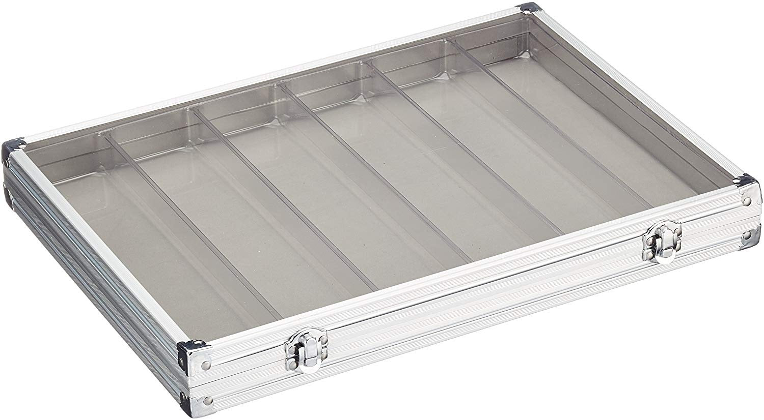 Aluminum display case with 6 compartments for collectibles closed with an acrylic lid on a white background