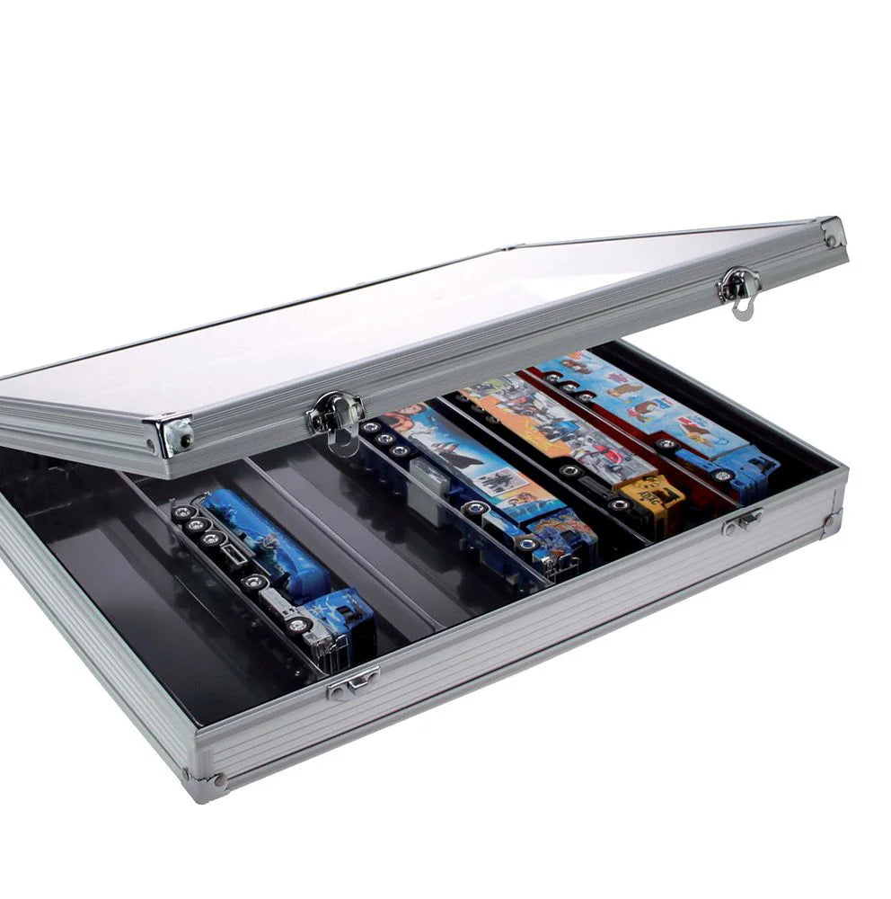 Aluminum display case with 6 compartments filled with collectible model trucks, open ajar with an acrylic lid on a white background