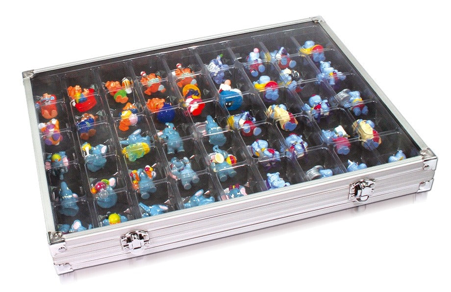 Aluminum display case with 45 compartments filled with mini figurines closed with an acrylic lid on a white background