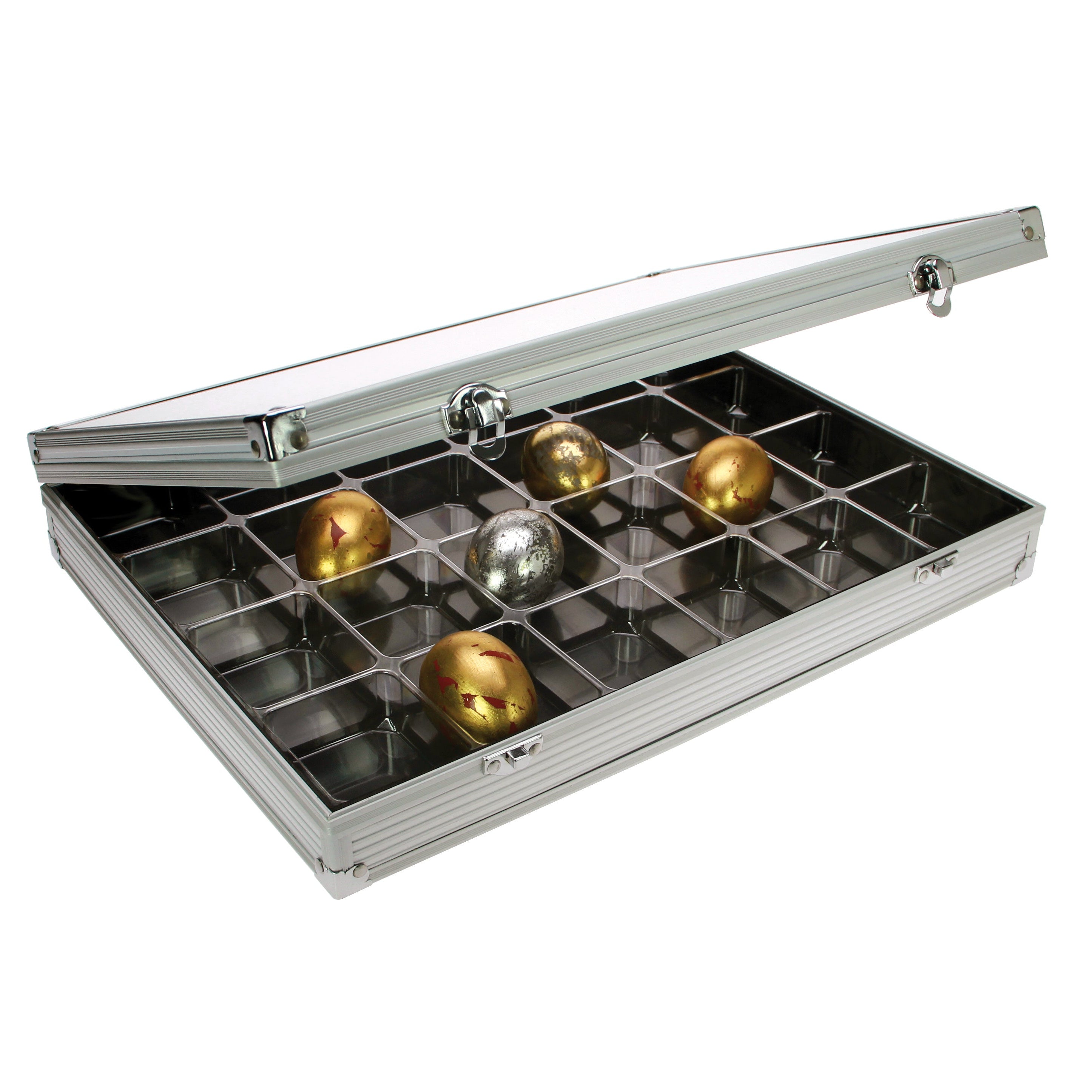 Aluminum display case with 24 compartments filled with collectible eggs, open ajar with an acrylic lid on a white background