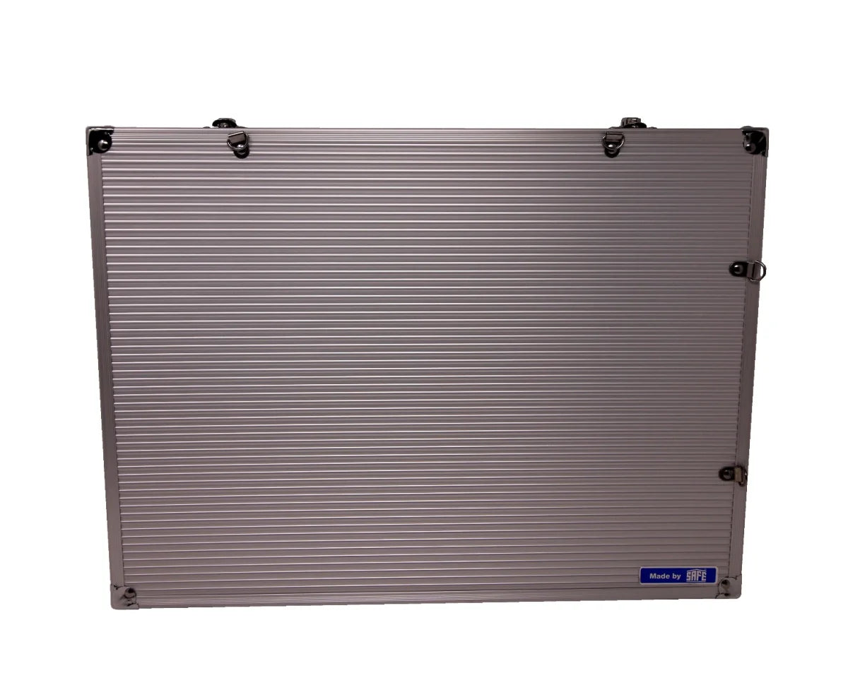Back of an aluminum display case showing reinforced corners, wall hanging hooks and the SAFE logo on a white background