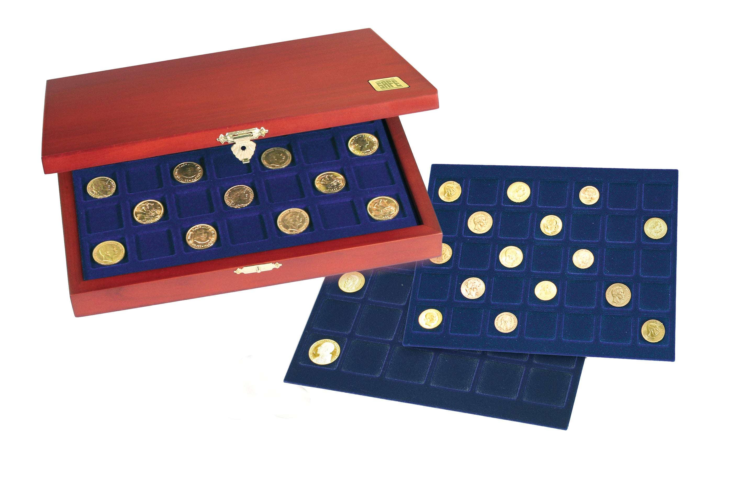 Open wooden coin collection box with blue velvet trays holding a coin collection accompanied by additional blue trays on a white background