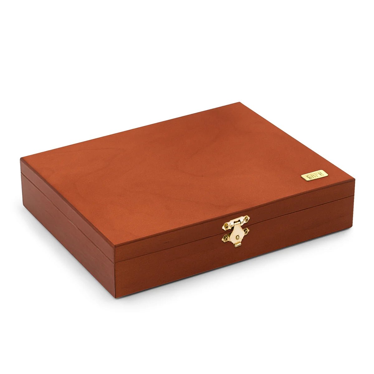 Closed wooden coin collection box with a gold SAFE logo and gold latch on a white background