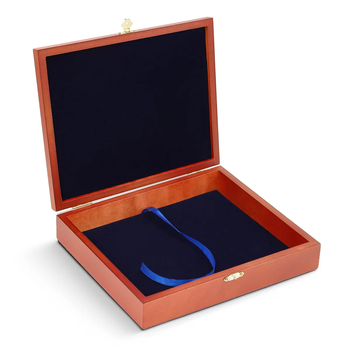 Open wooden coin collection box with blue a blue interior and pul out string on a white background