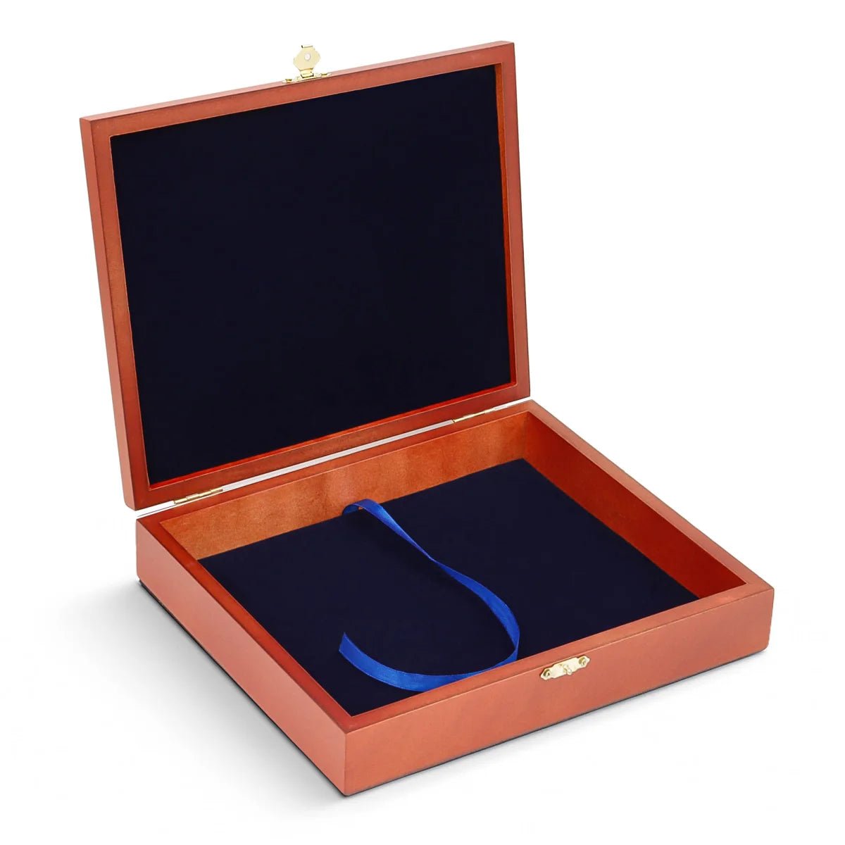 Open wooden coin collection box with blue a blue interior and pul out string on a white background