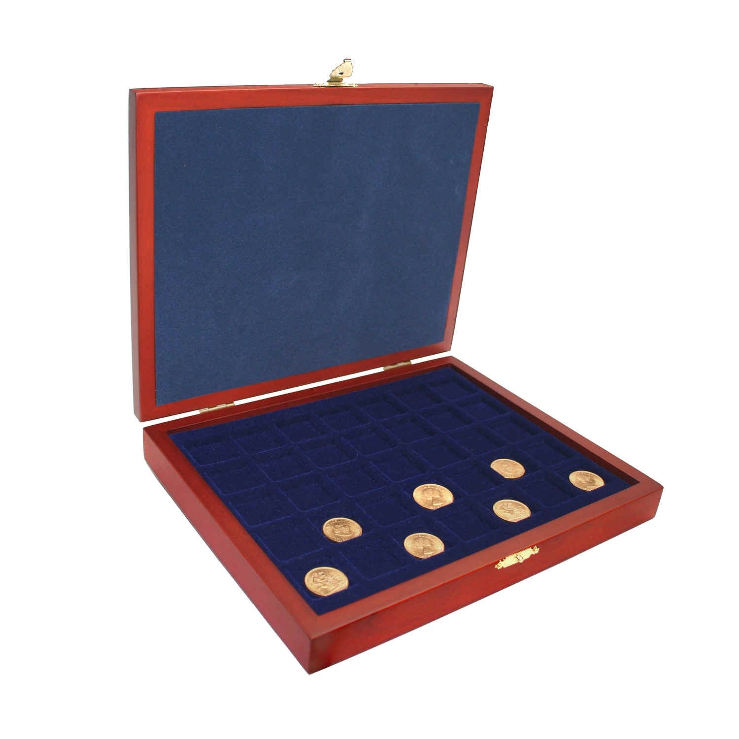 Open wooden coin collection box with blue velvet trays holding a coin collection on a white background