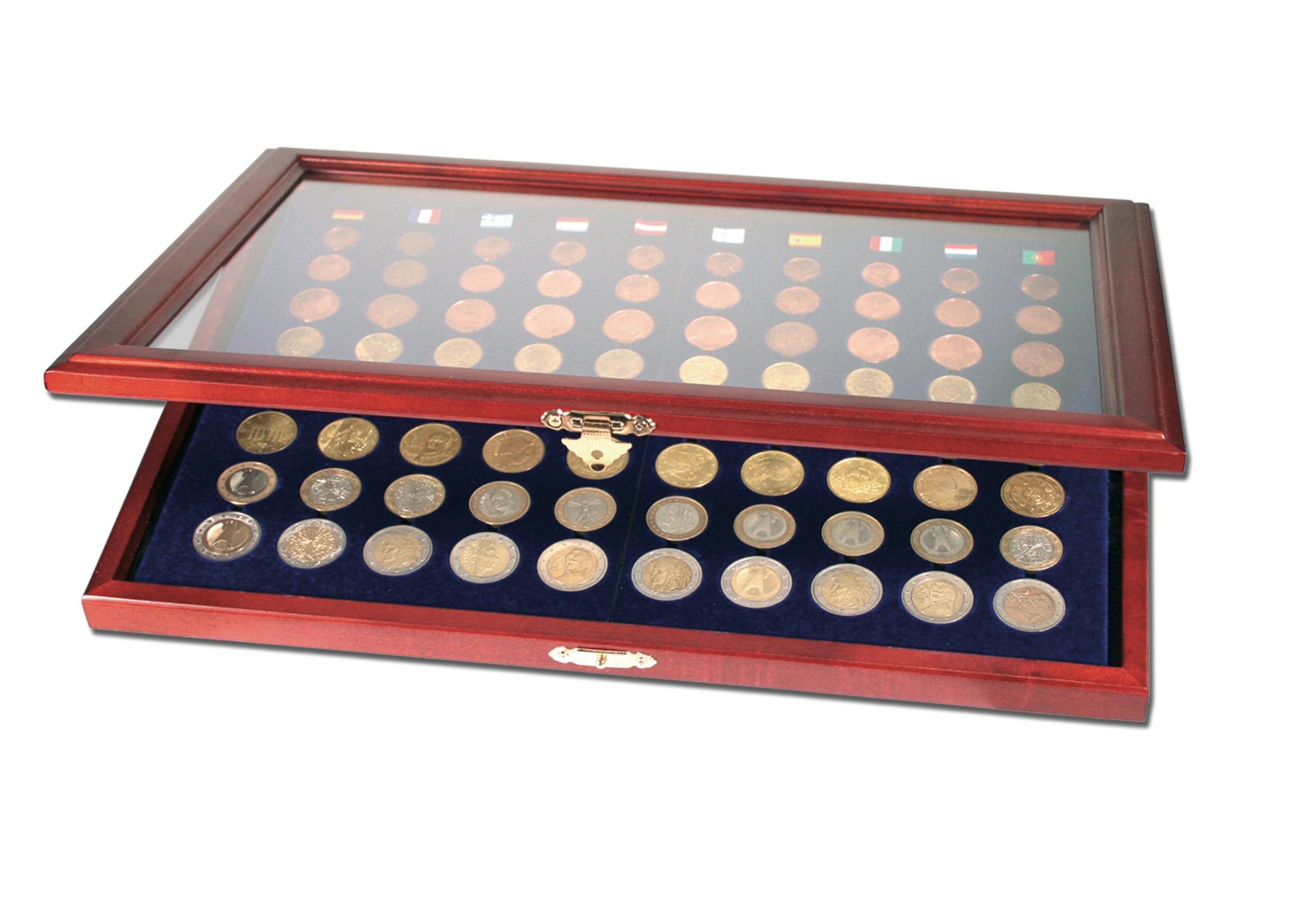 Wooden display case with blue velvet interior with 80 round compartments and glass lid for 10 euro sets on a white background