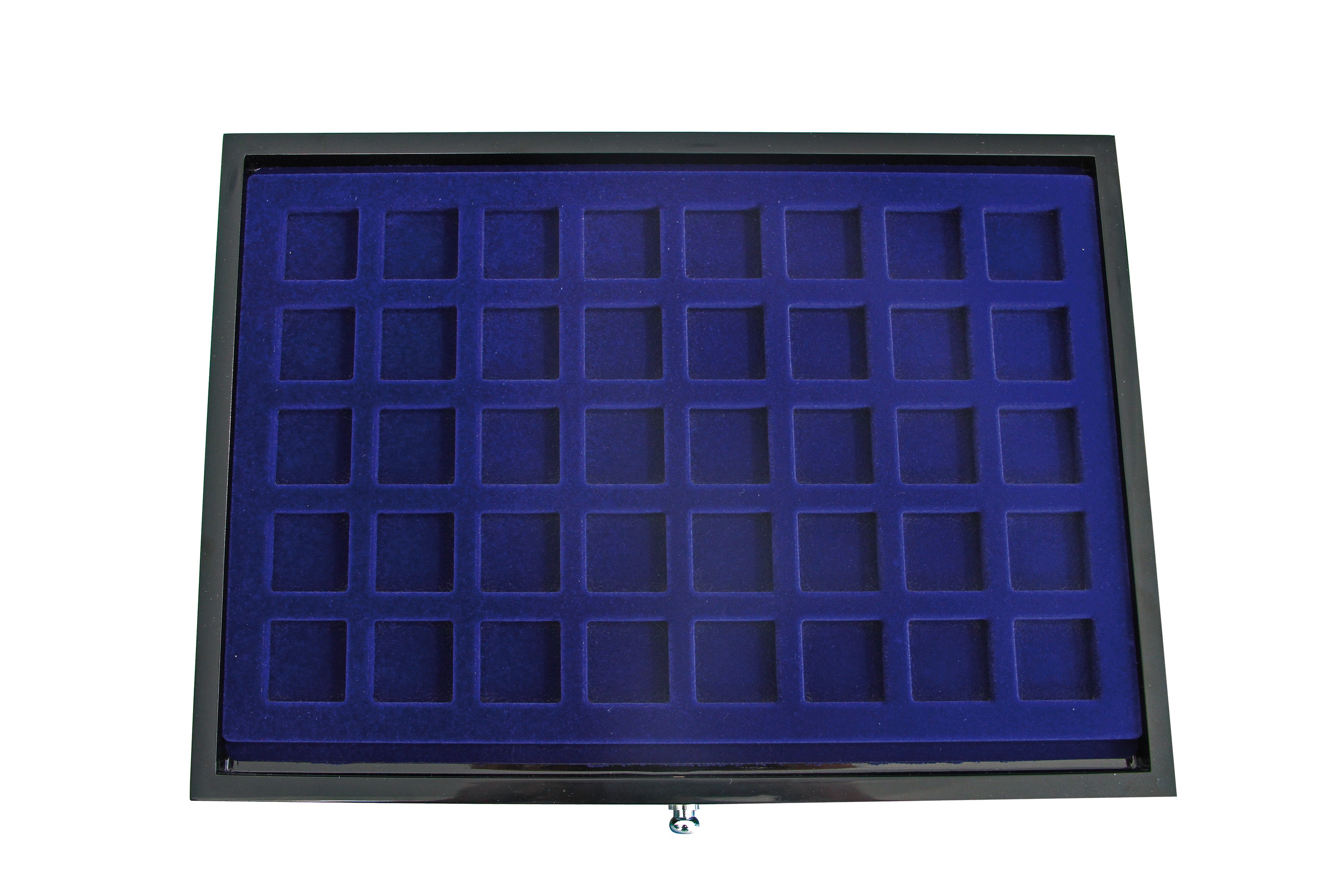 Black coin collection drawer with blue interior tray with square compartments on a white background