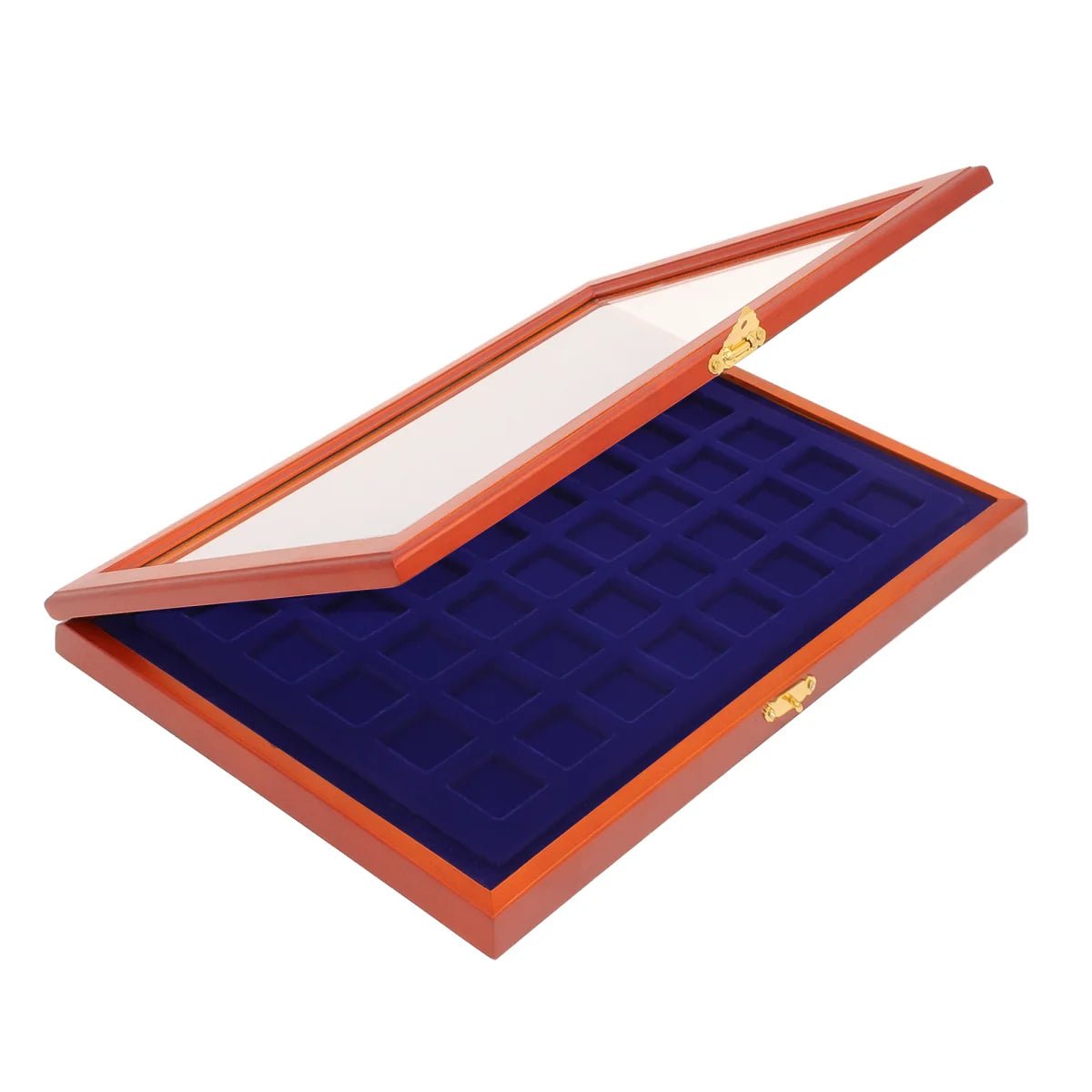 Wooden display case with blue velvet interior with 40 square compartments and glass lid for coins or collectibles on a white background