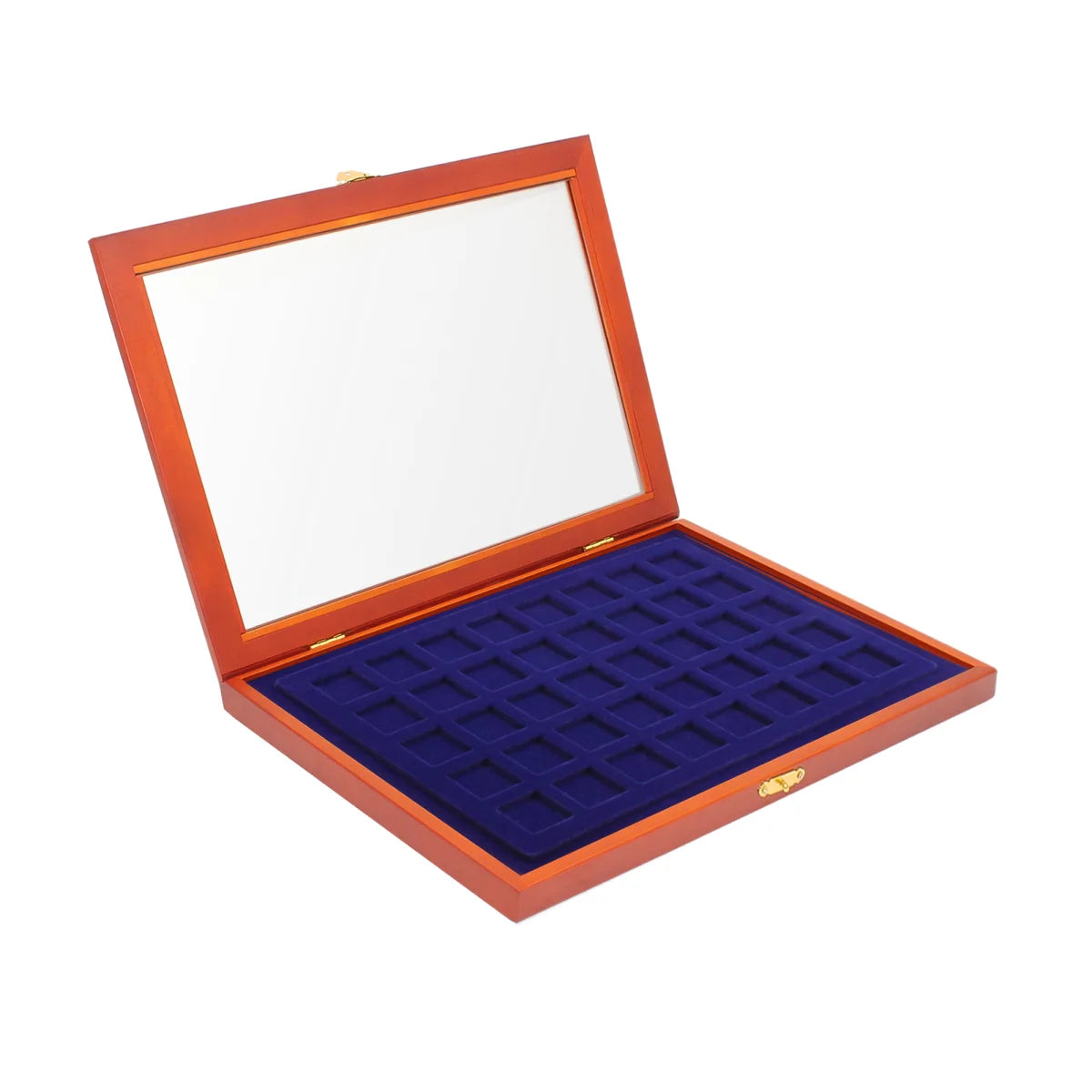 Wooden display case with blue velvet interior with 40 square compartments and glass lid for coins or collectibles on a white background