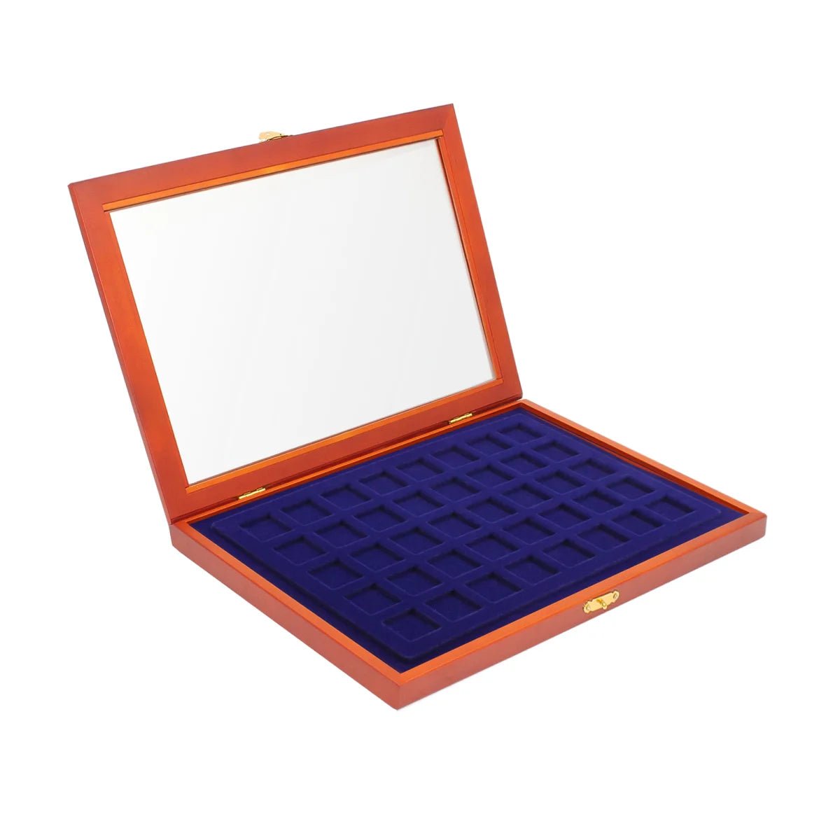 Wooden display case with blue velvet interior with 40 square compartments and glass lid for coins or collectibles on a white background