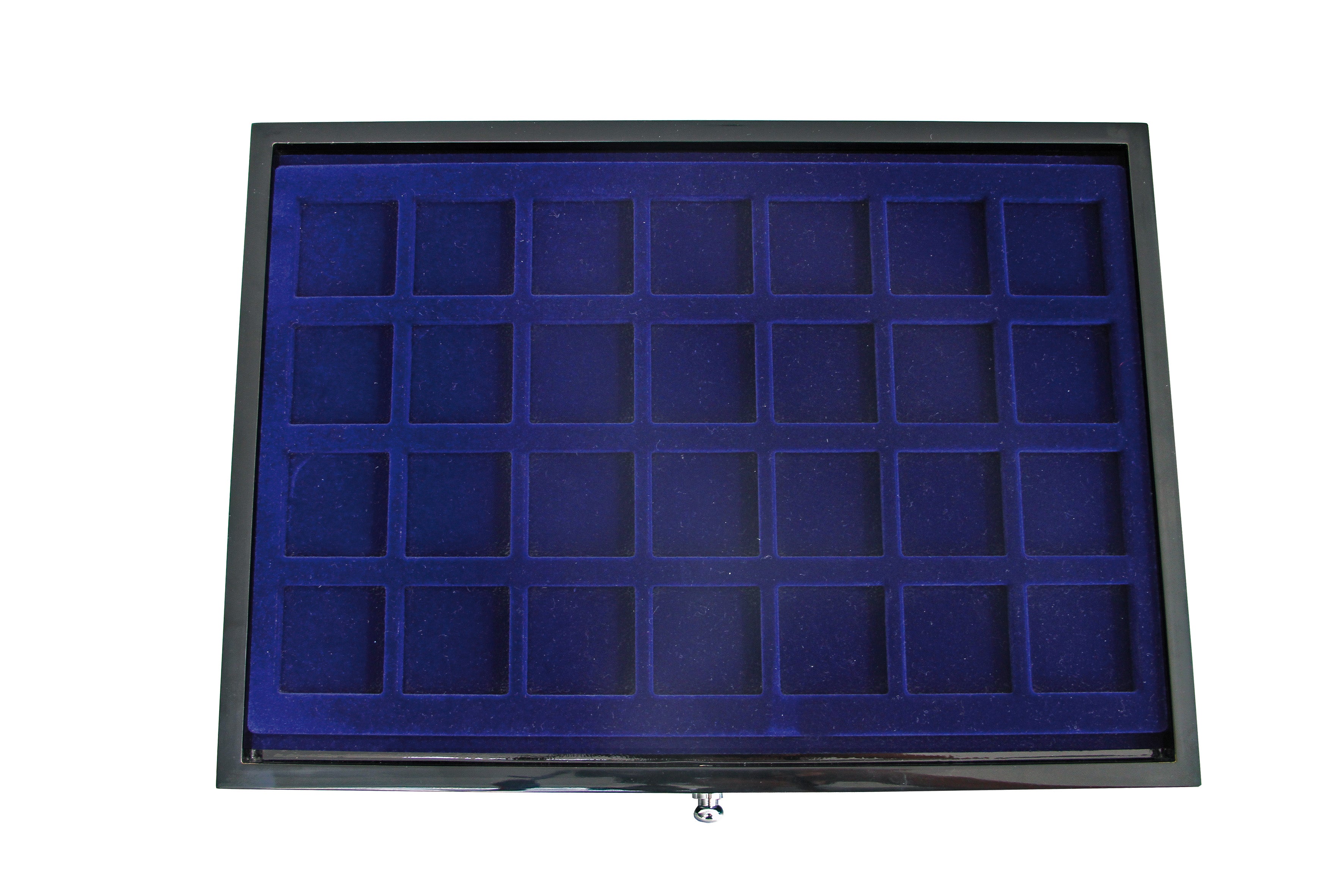 Black coin collection drawer with blue interior tray with square compartments on a white background