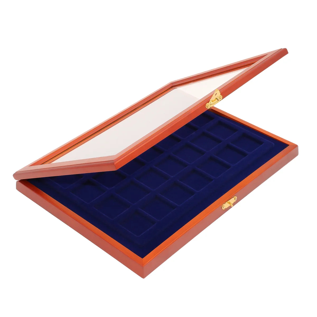 Wooden display case with blue velvet interior with 24 square compartments and glass lid for coins or collectibles on a white background