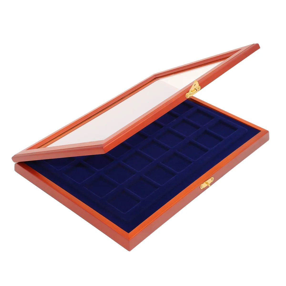Wooden display case with blue velvet interior with 24 square compartments and glass lid for coins or collectibles on a white background
