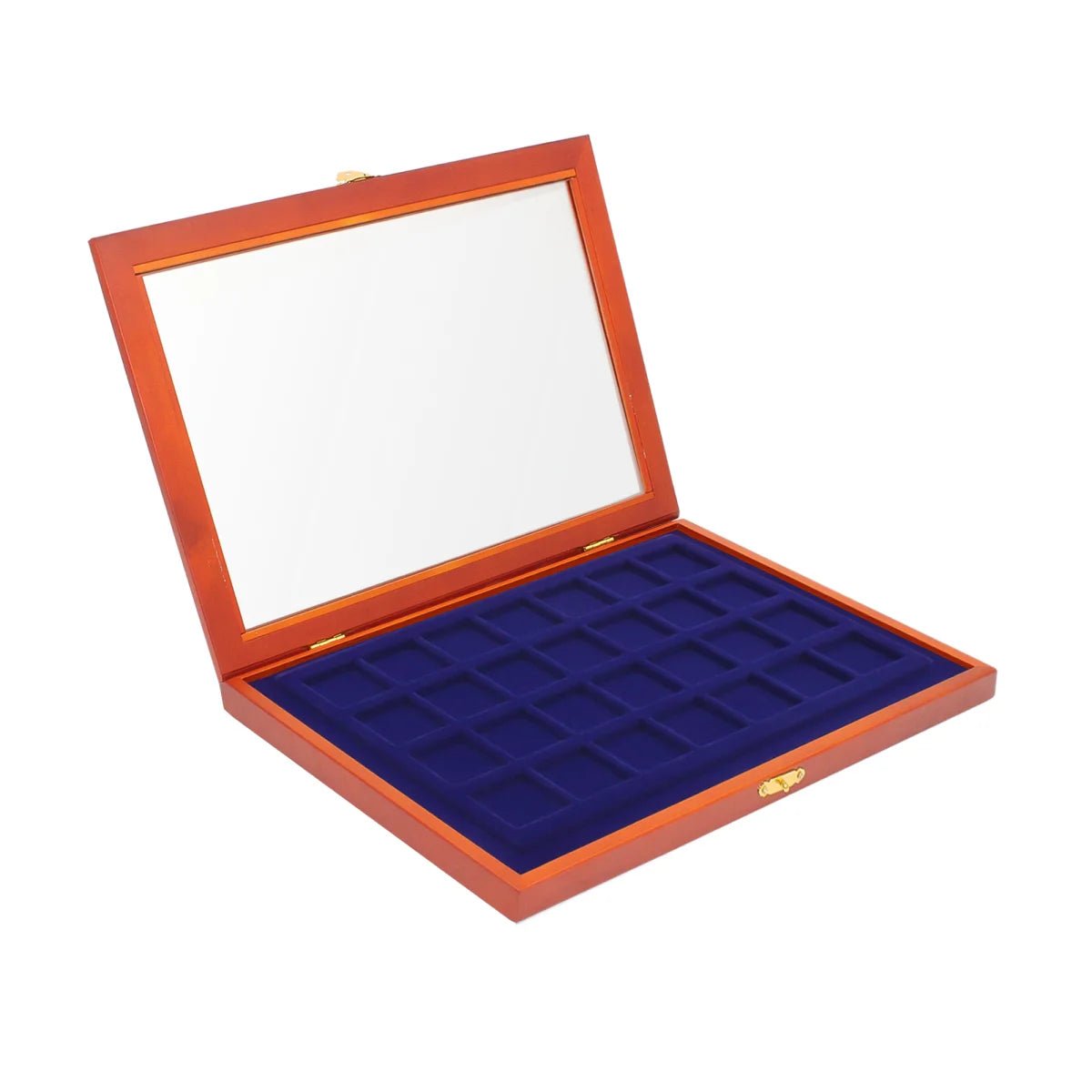 Wooden display case with blue velvet interior with 24 square compartments and glass lid for coins or collectibles on a white background