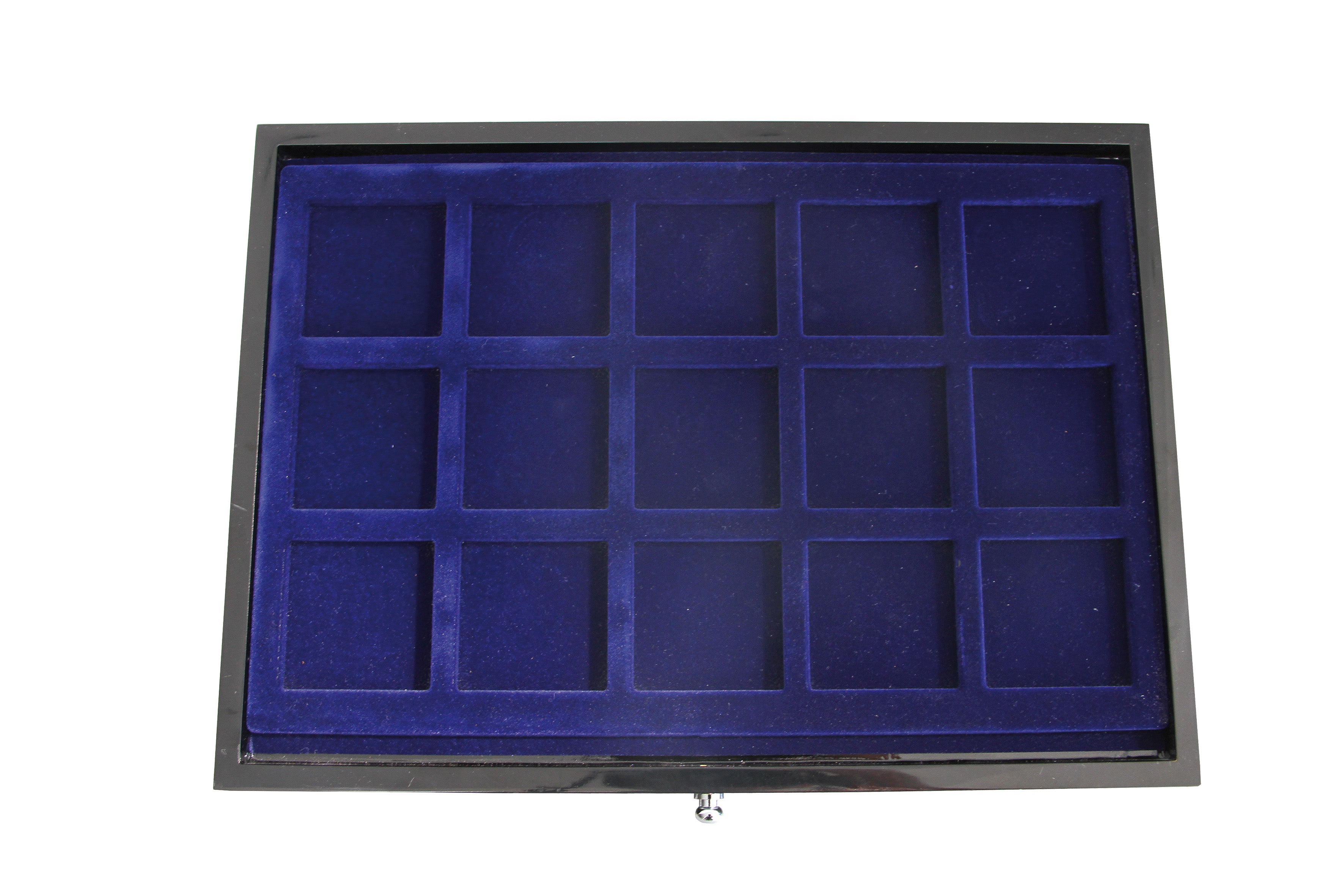 Black coin collection drawer with blue interior tray with square compartments on a white background