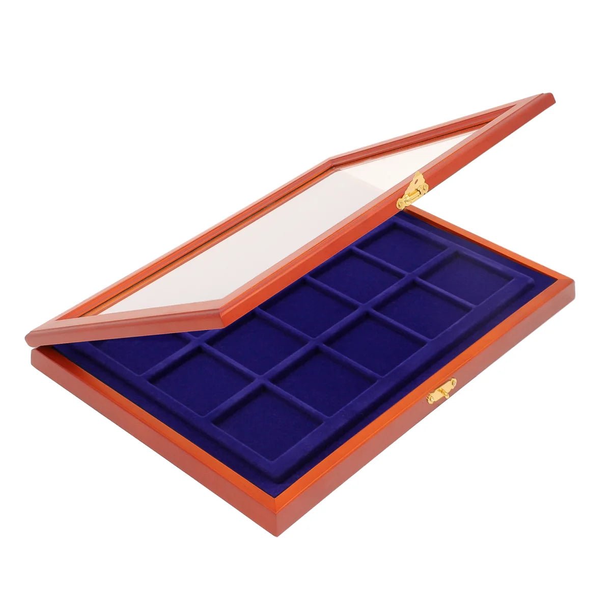 Wooden display case with blue velvet interior with 15 square compartments and glass lid for coins or collectibles on a white background