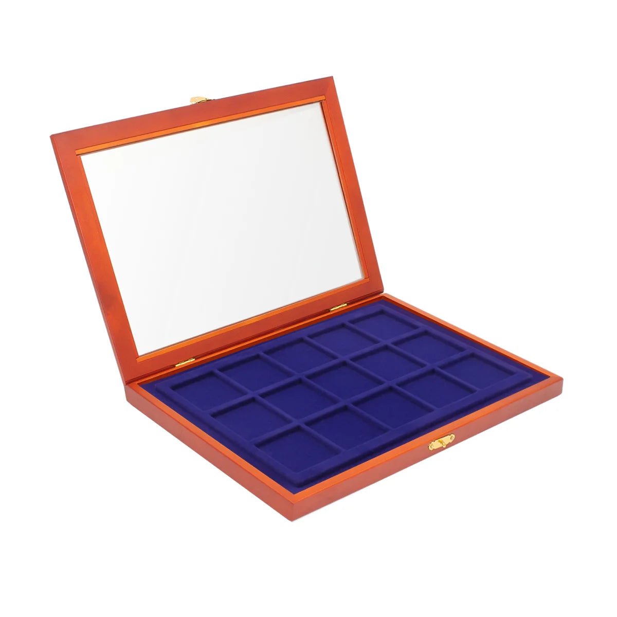 Wooden display case with blue velvet interior with 15 square compartments and glass lid for coins or collectibles on a white background
