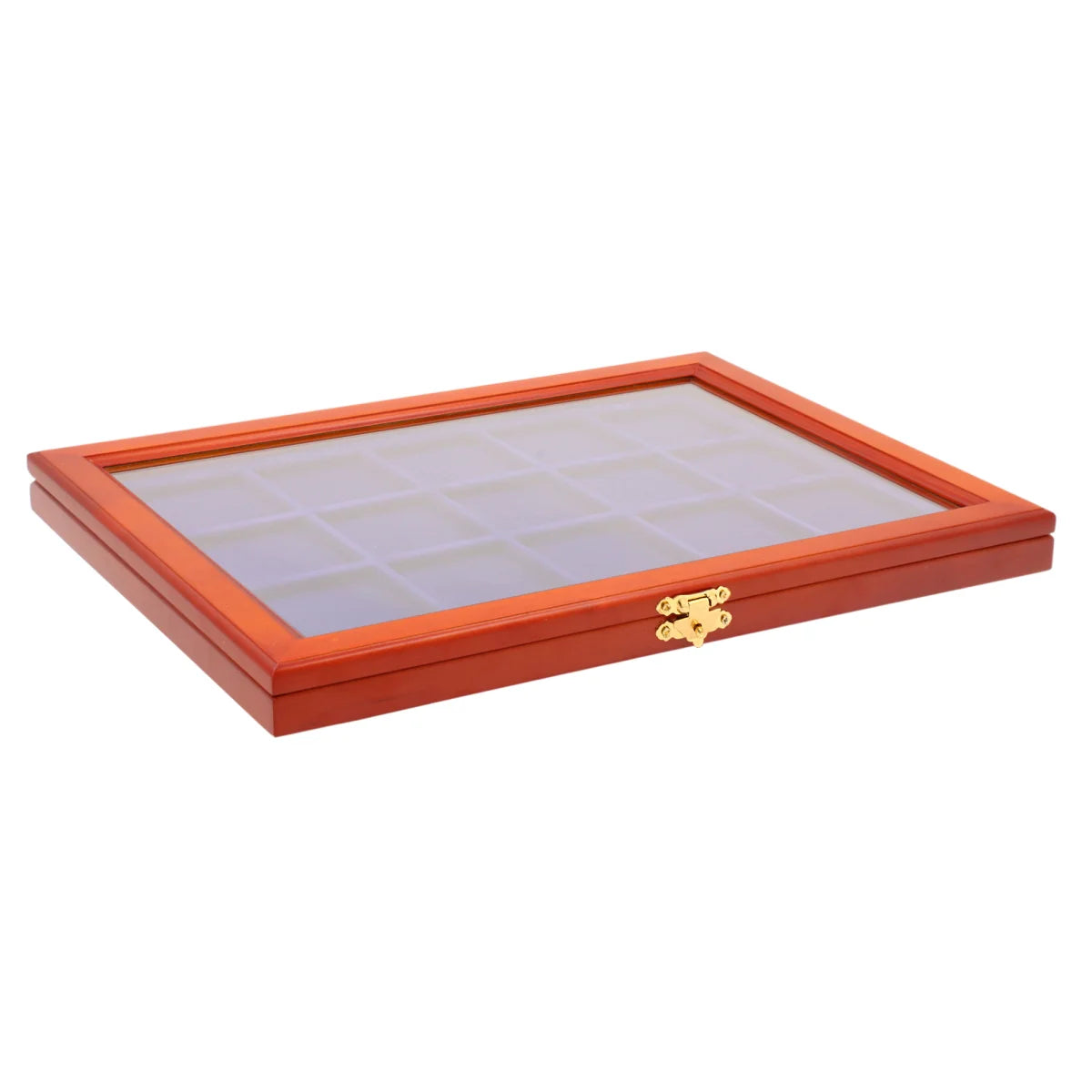 Closed wooden display case with blue velvet interior and glass lid for coins or collectibles on a white background