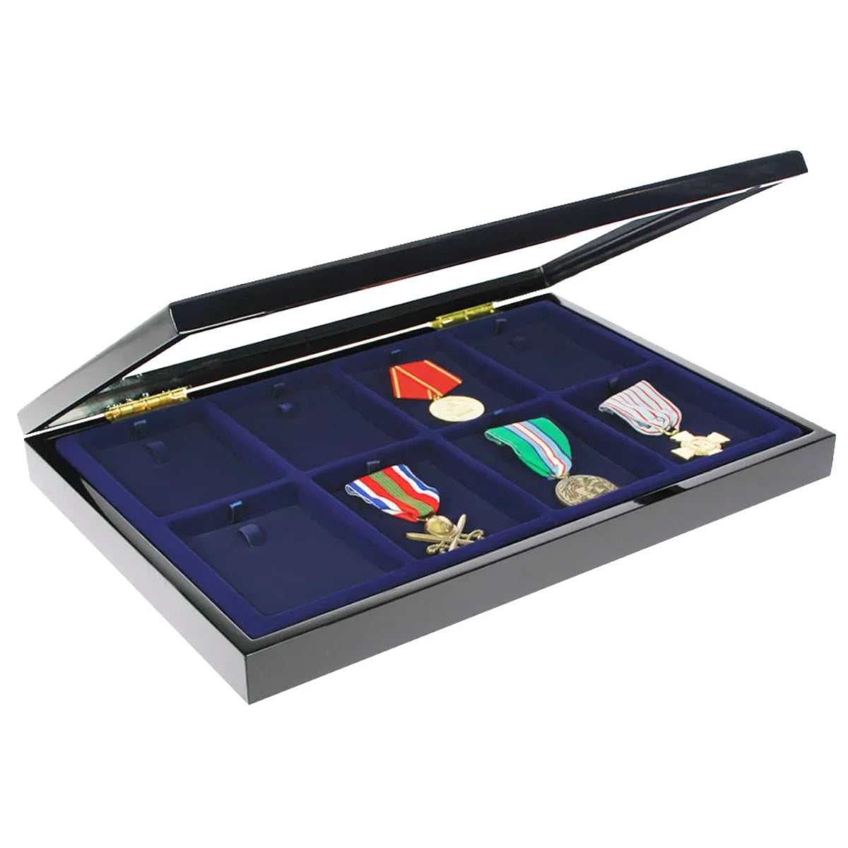 High gloss black display case with a clear lid open ajar, inside containing 8 compartments for military medals & ribbons on a blue velvet removable pillows on a white background.