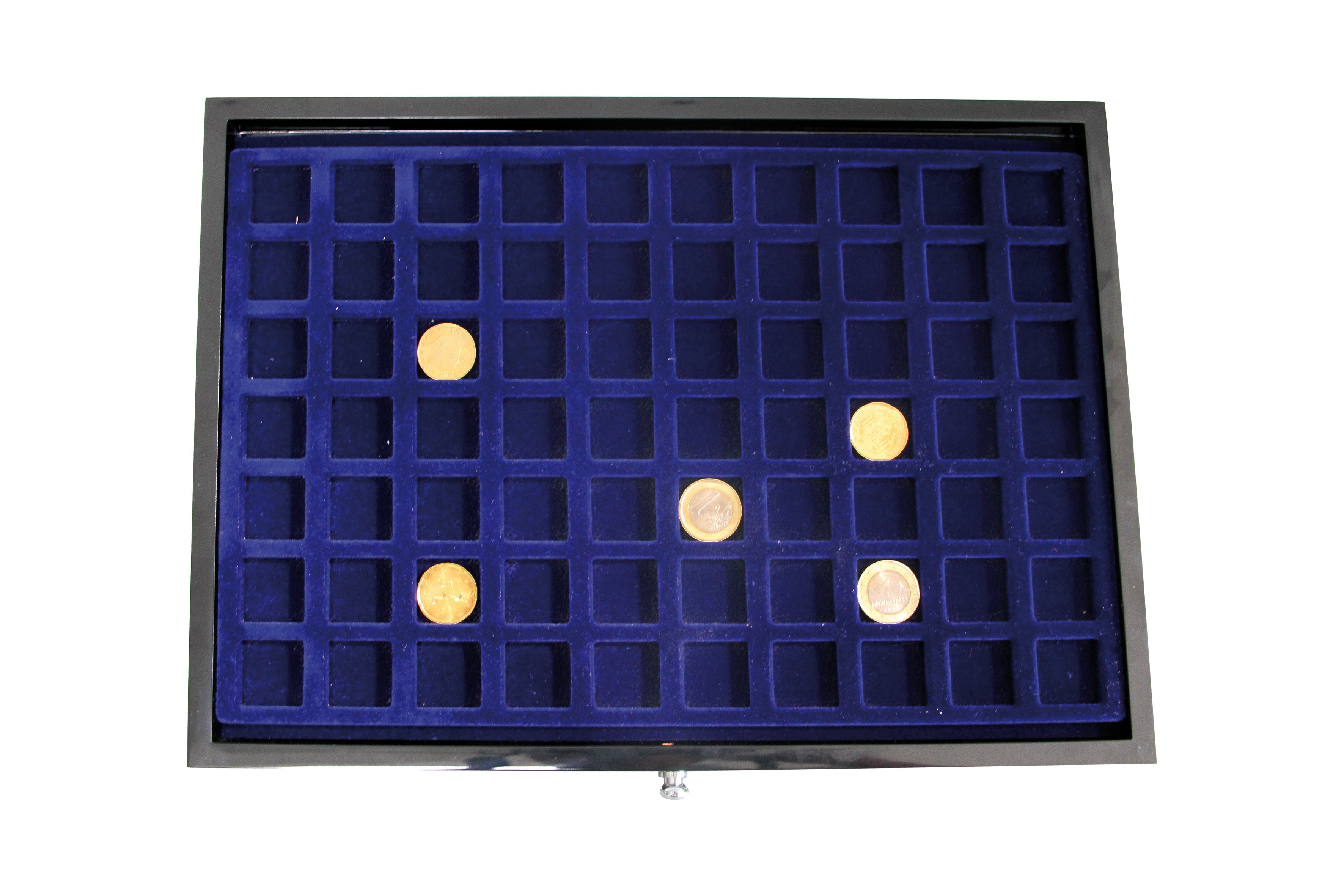 Black coin collection drawer with blue interior tray with square compartments on a white background