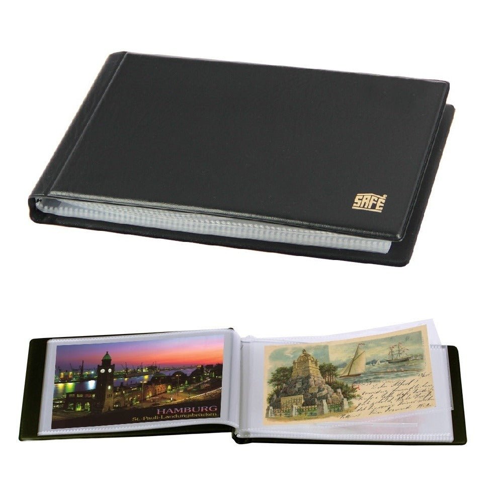 A closed black pocket postcard album with an open postcard pocket album showing postcards of Hamburg and a castle with text on a white background