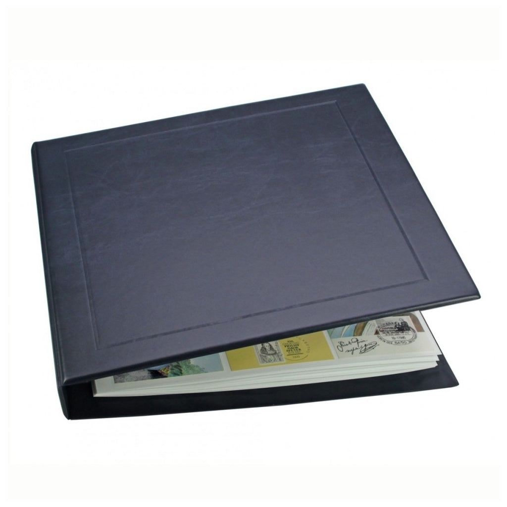 Closed blue postcard album with postcard pages on a white background