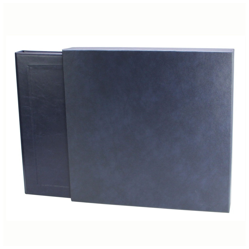 A blue postcard album halfway inserted into it's matching slipcase on a white background