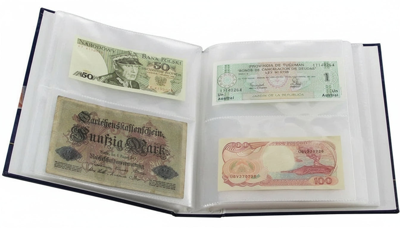 Collection of vintage banknotes in SAFE's blue banknote album on a white background