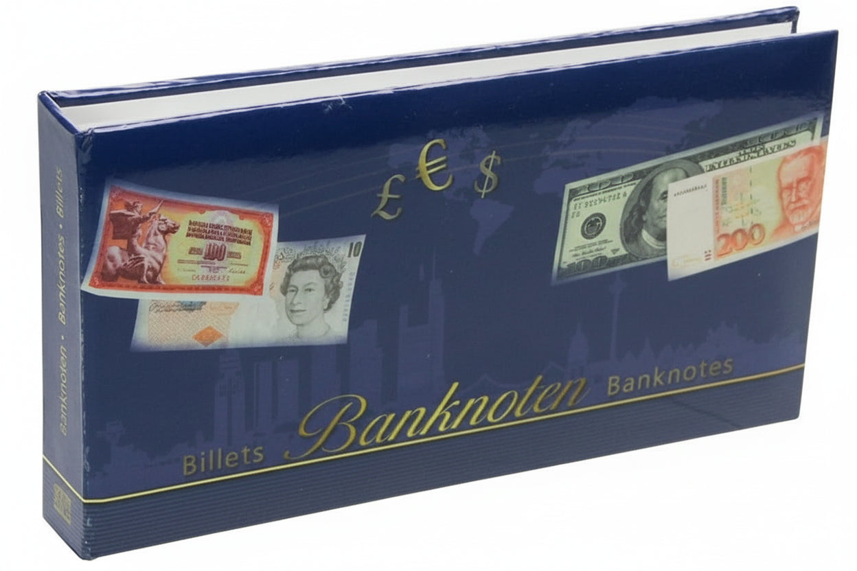 Blue 24-page banknote album with currency designs for collectors on a white background