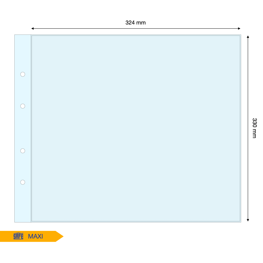 Light blue illustration representing a transparent album page with the pocket dimensions on a white background