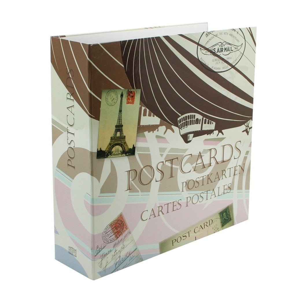 Closed decorative postcard album with vintage design elements and the word 'postcard' in multiple langauges on a white background
