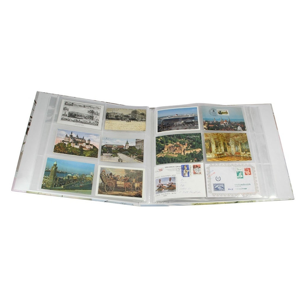 Set of vintage postcards inside a postcard album on a white background.