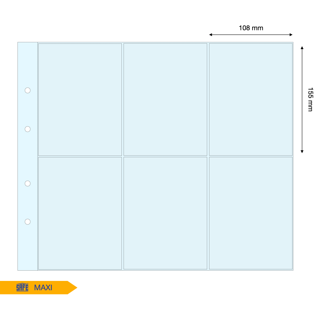 Light blue illustration representing a transparent album page with the pocket dimensions on a white background