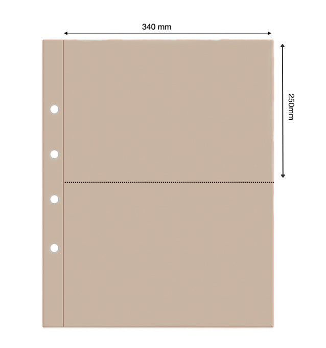 Illustration representing a tan album page with the pocket dimensions on a white background